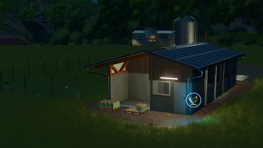 FS25 mod: Chicken coop with wooden facade, night view, Farming Simulator 25.