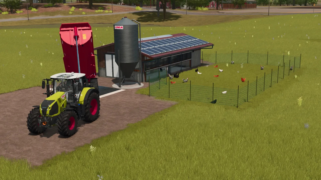 FS25 mod featuring a wooden chicken coop, solar panels, and tractor in a farm setting.