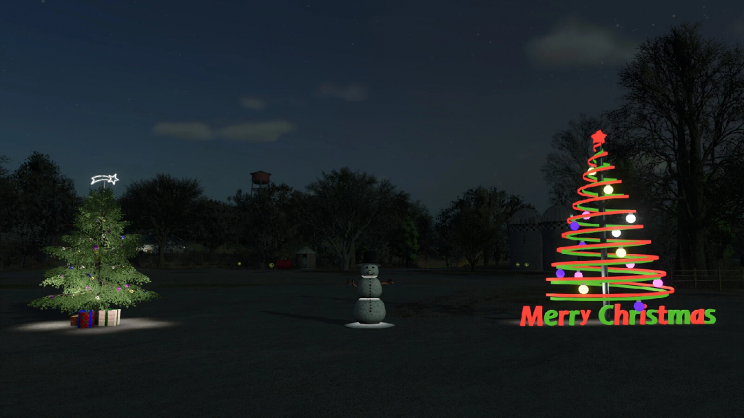 FS25 Christmas Pack mod showing lit Christmas trees, presents, and a snowman at night. Adds festive decorations to Farming Simulator 25.