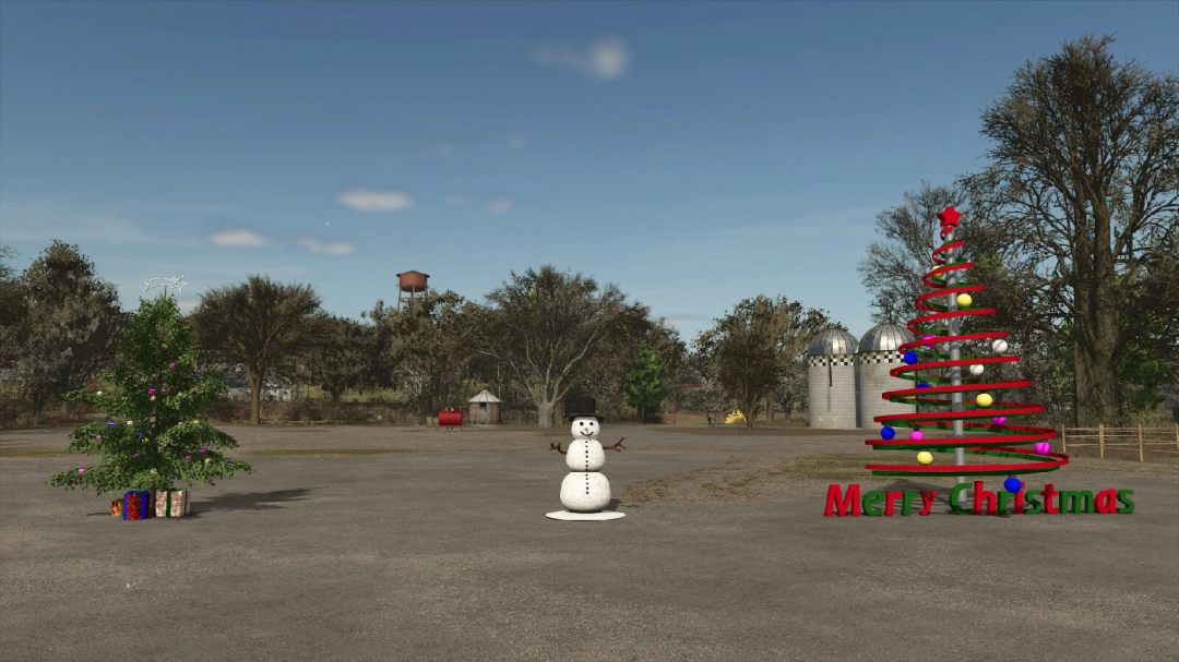 FS25 Christmas Pack mod: festive trees, snowman, and 'Merry Christmas' sign in a farm setting.