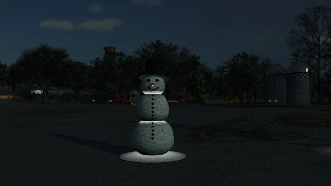 Christmas Pack mod for FS25 features a snowman at night in Farming Simulator 25.