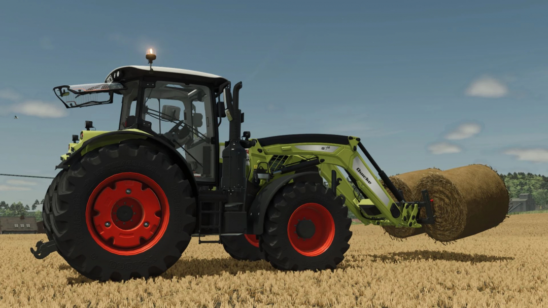 Claas Arion 610-660 tractor lifting hay bales in Farming Simulator 25 mod.