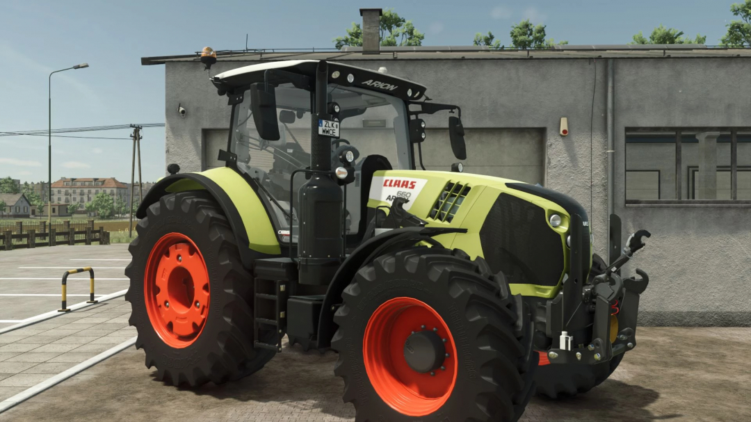 Claas Arion 610-660 tractor mod in Farming Simulator 25, featuring green body and red wheels parked by a gray building.