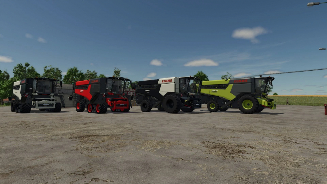 Four Claas Lexion 8900 harvesters in different colors displayed in Farming Simulator 25 mods.