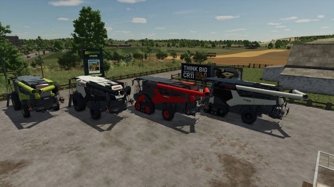 Four Claas Lexion 8900 combines showcased in Farming Simulator 25 mods.