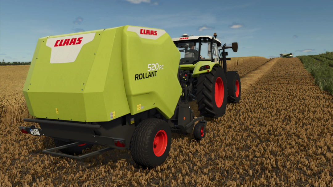 Claas Rollant 520 mod in Farming Simulator 25, featuring a green baler on a harvested field.