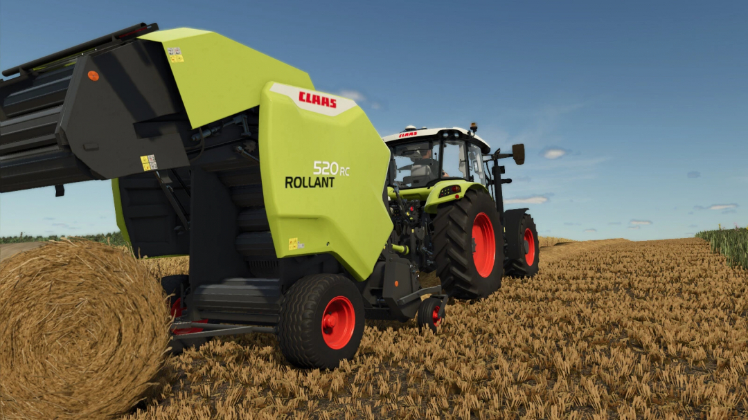 FS25 mod Claas Rollant 520 baler on a field, Farming Simulator 25.