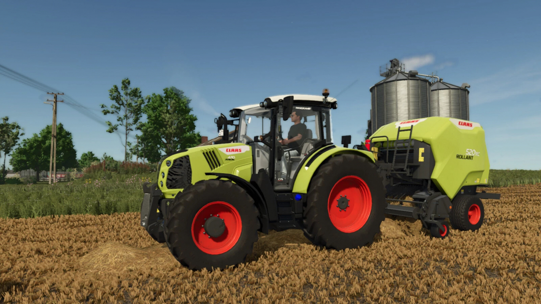 FS25 mod Claas Rollant 520 tractor working in a field, featuring realistic graphics.