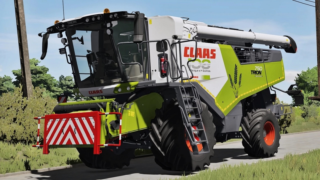 Claas Trion 700 Series harvester mod in FS25, showcasing vibrant design on a rural path.