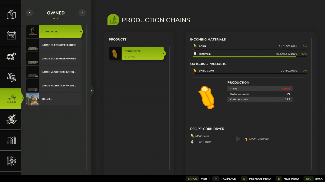 FS25 Corn Dryer mod interface showing production chains, incoming materials, and production details.