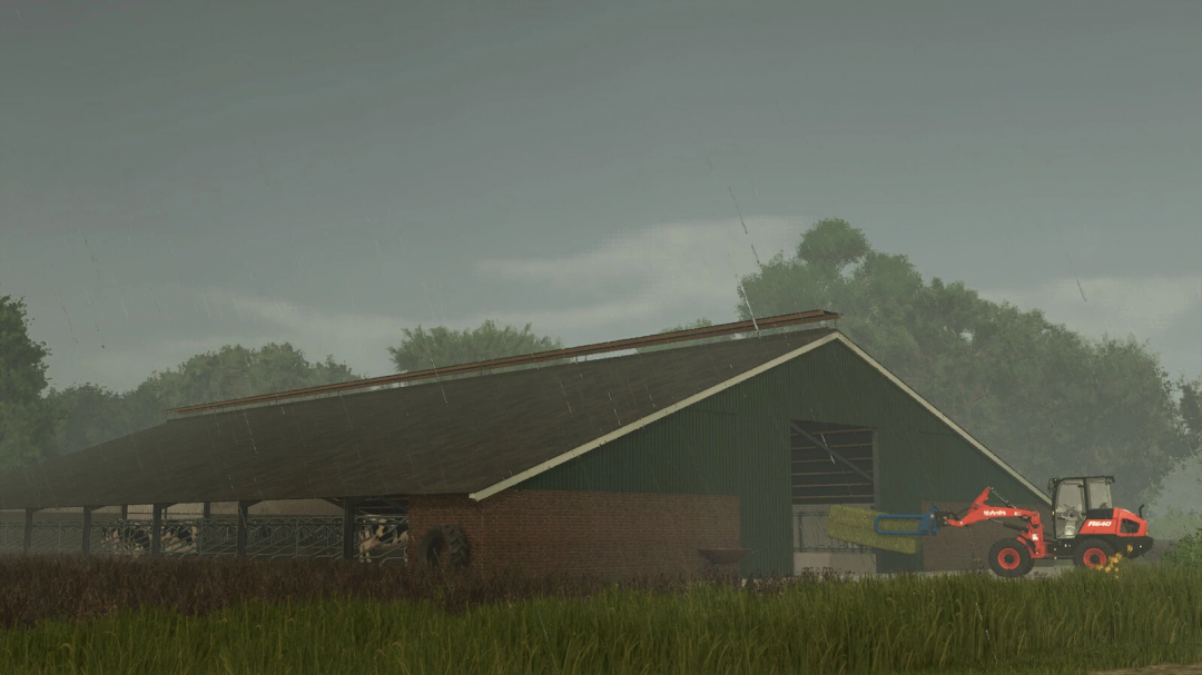 Cowshed Pack v1.0.0.0 mod in FS25, showing a barn with cows and a red tractor in rainy weather.