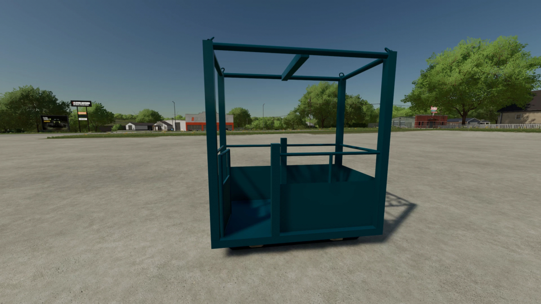 FS22 mod Crane Accessories v1.0.0.0 showing a blue crane basket on a paved area.