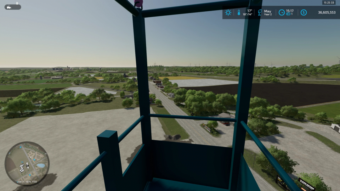 View from crane cab over farmland in FS22 mod Crane Accessories v1.0.0.0.