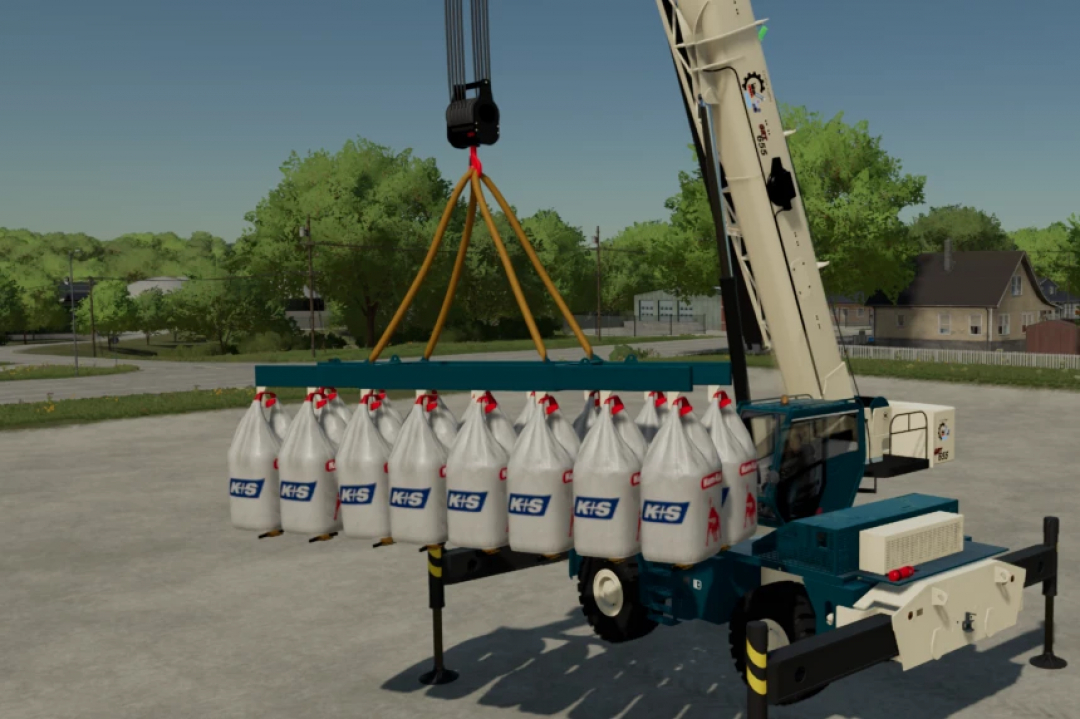 Crane carrying multiple bagged items in FS22 mod Crane Accessories v1.0.0.0.