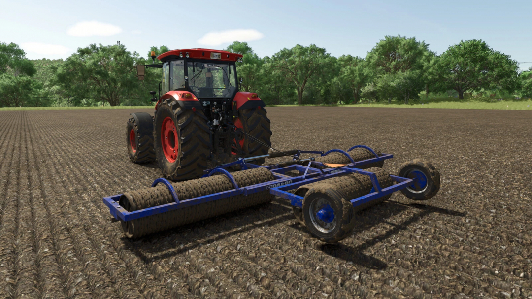 Dalbo Hydraflex 5.2 mod in FS25, showing a tractor pulling farm equipment on a field.