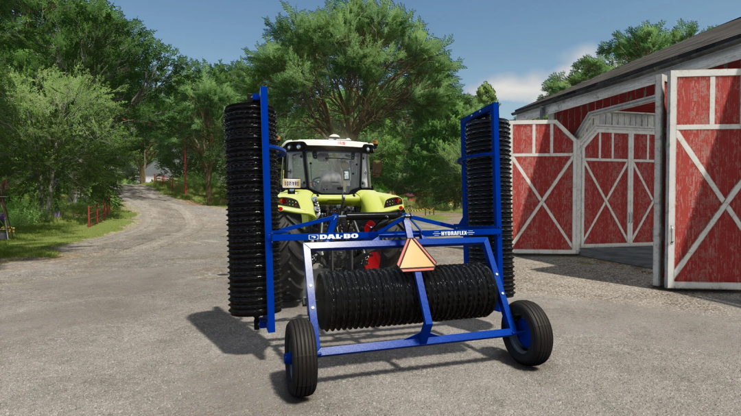 FS25 mod showing Dalbo Hydraflex 5.2 roller in front of tractor, near red barn and trees.