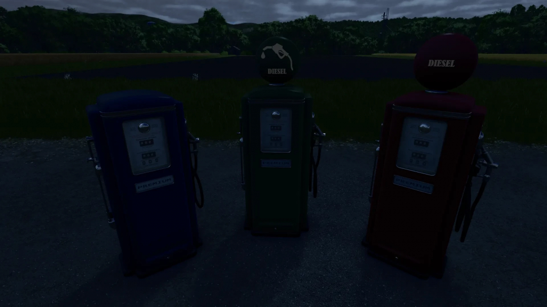 FS25 Diesel Station v1.0.0.0 mod featuring three vintage-style fuel pumps in a rural setting.