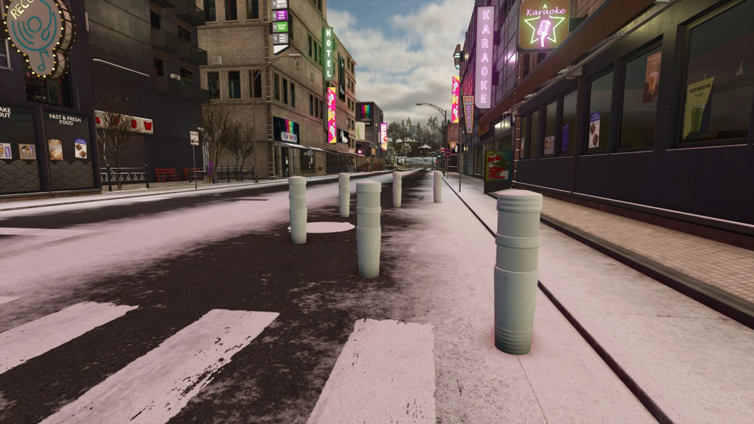 Urban street scene with snowy crosswalk in Farming Simulator 25 mods. Neon signs and buildings line the street.