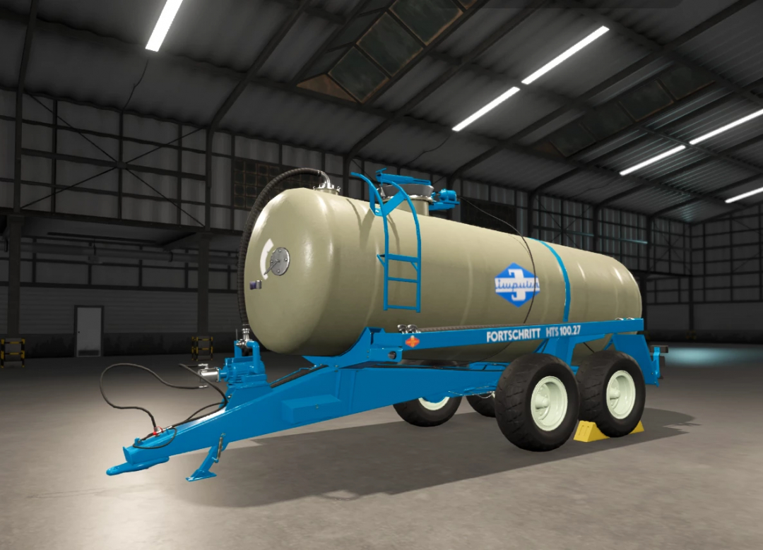 FORTSCHRITT HTS 100.27 mod for Farming Simulator 25, showcasing a tanker trailer in a virtual garage setting.