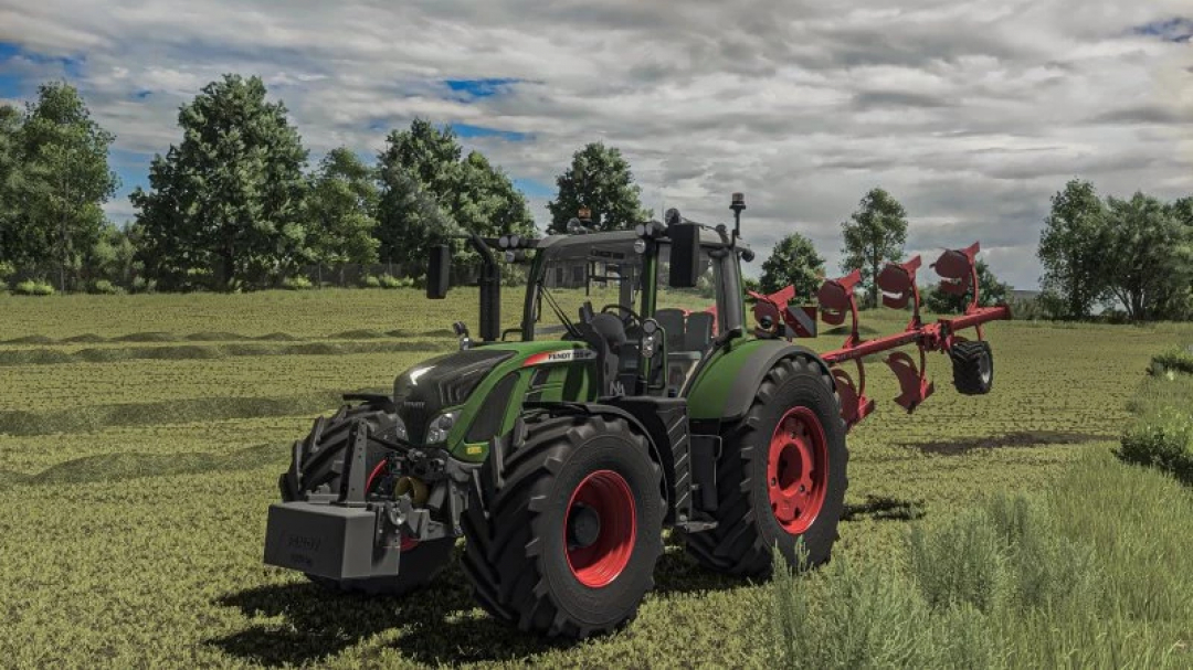 FS25 mod Fendt 700 SCR tractor plowing a field in Farming Simulator 25.