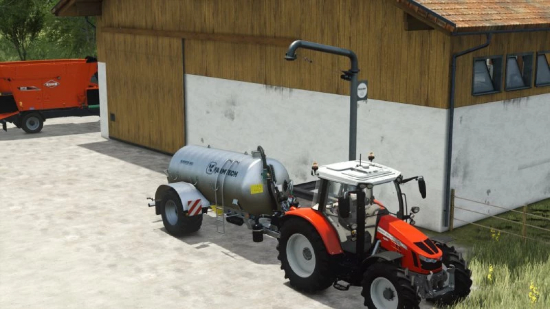 FS25 German Cow Barn mod v1.0.0.0 with tractor and slurry tank in Farming Simulator 25.