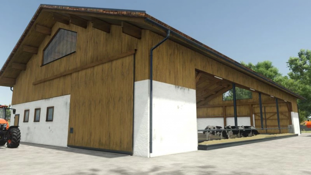 FS25 German Cow Barn mod v1.0.0.0 in Farming Simulator 25, showcasing a realistic wooden barn with cows inside.