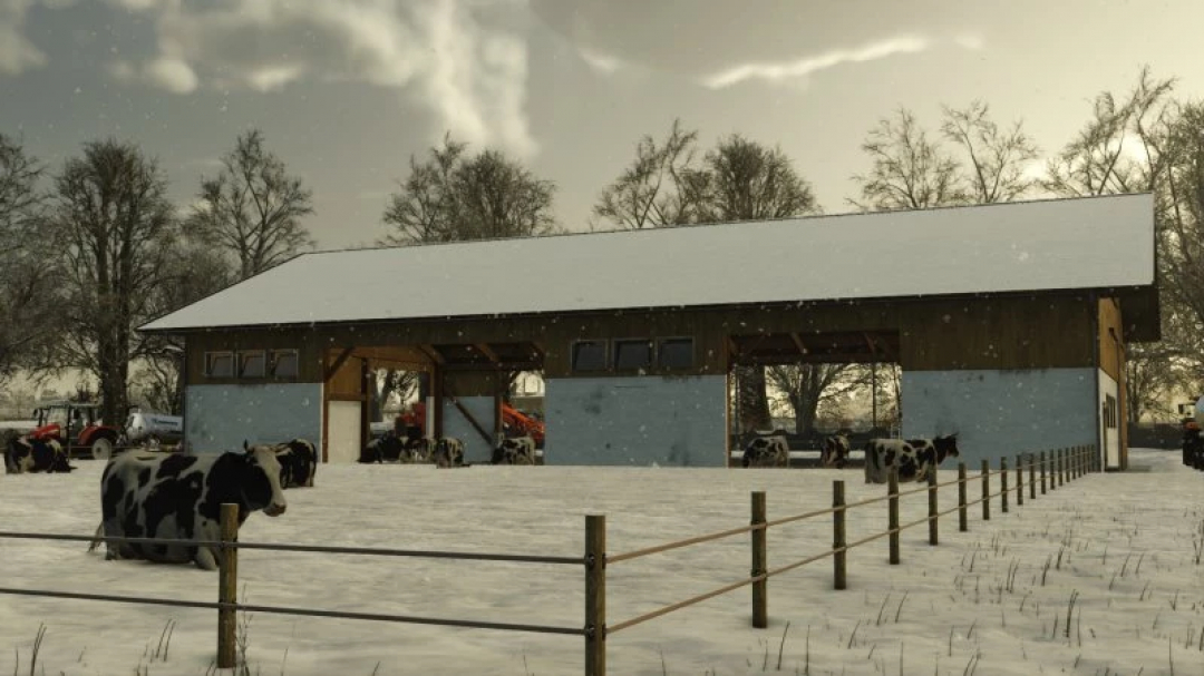 FS25 German Cow Barn mod in winter landscape, showing cows and tractors in Farming Simulator 25.