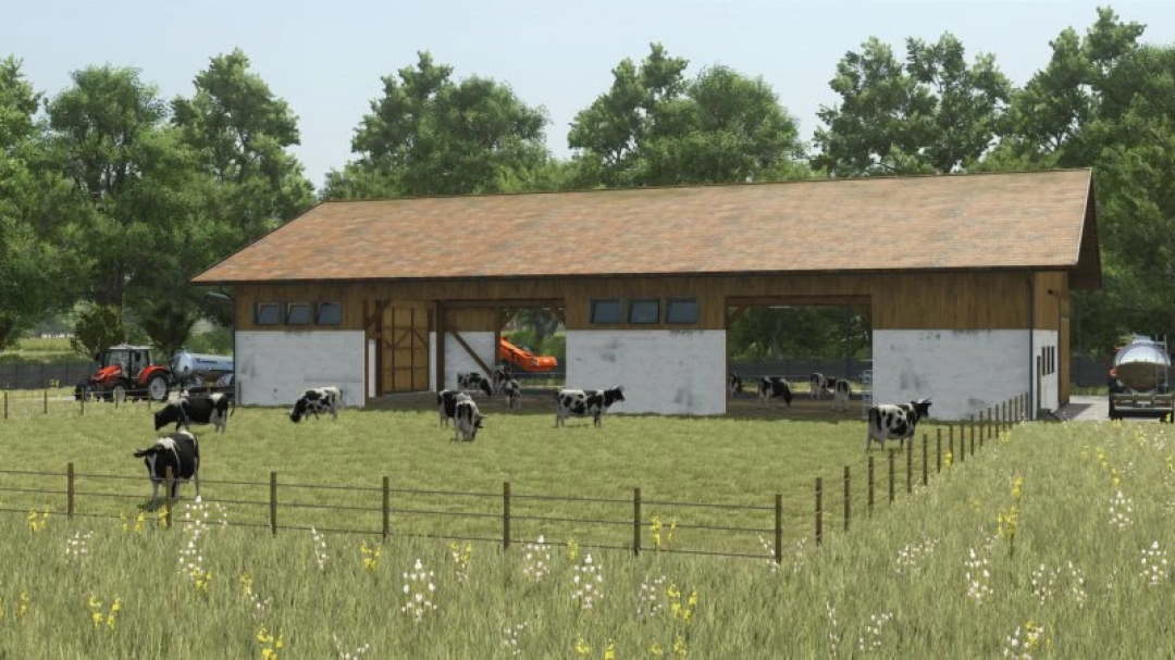 FS25 German Cow Barn mod with cattle grazing, depicting farming life. Part of Farming Simulator 25 mods.