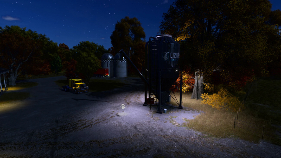 Night view of FS25 Multifruit Buying Station mod with silos and truck, Farming Simulator 25.