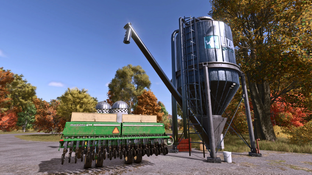 FS25 Multifruit Buying Station mod with silo and equipment in autumn setting