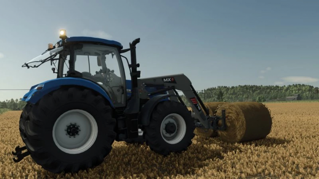 FS25 mods: Tractor with Mx t412 FL120 front loader handling hay bale in field. Ideal for Farming Simulator 25 gameplay enhancements.