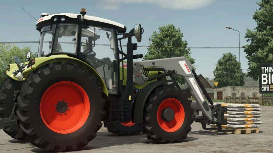 FS25 Mx t412 FL120 tractor lifting pallets in Farming Simulator 25 mod.