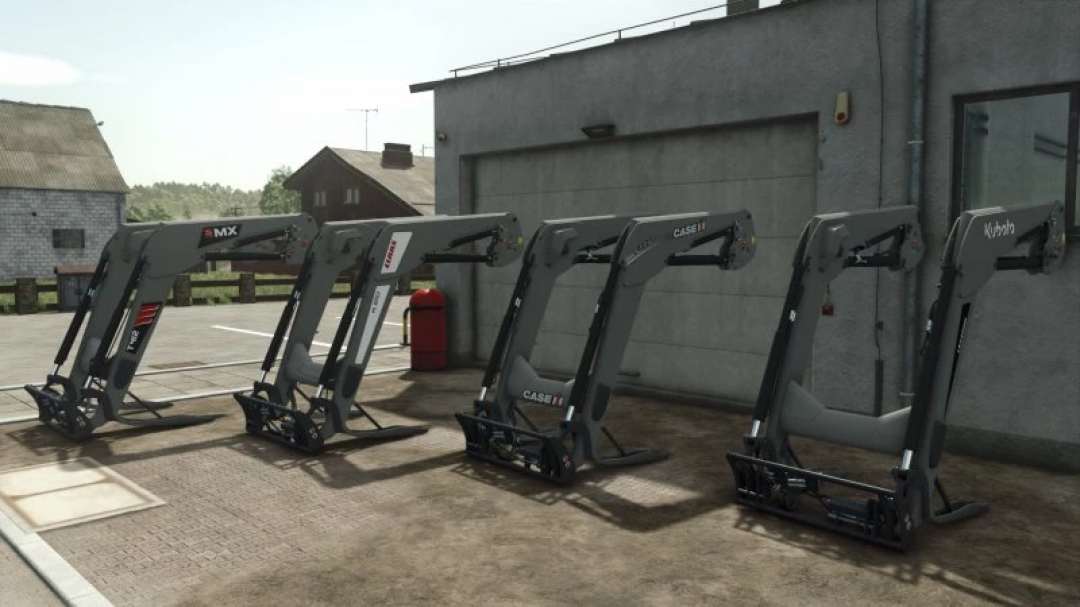 FS25 Mx t412 FL120 mod showing four front loaders in a row for Farming Simulator 25.