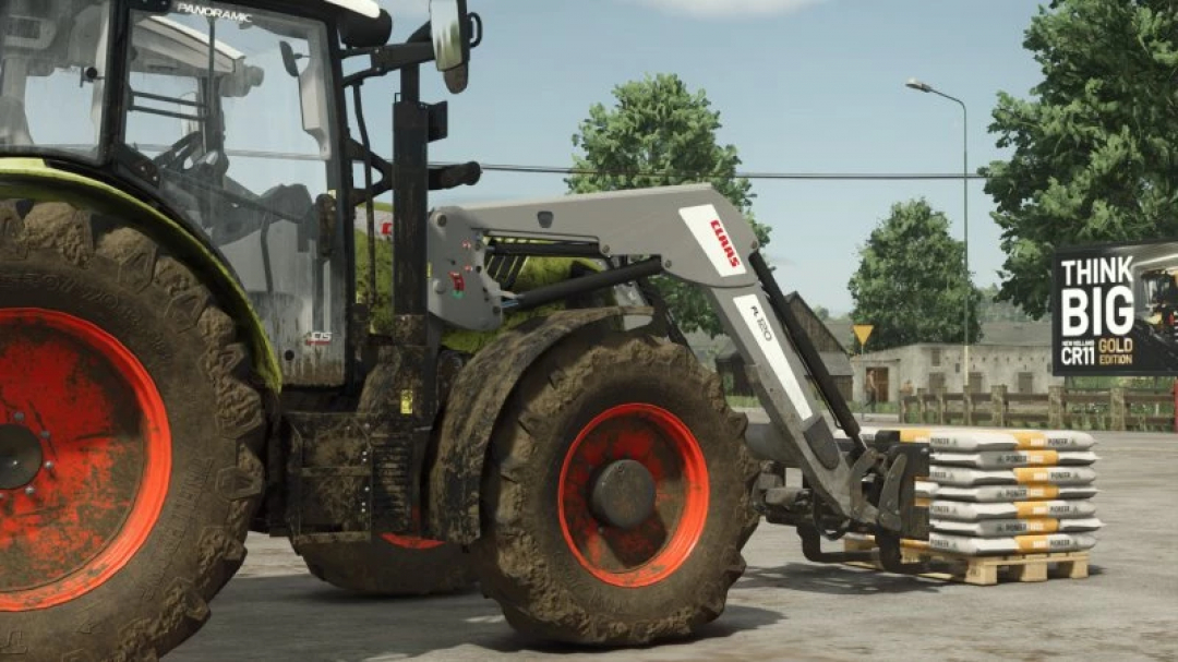 FS25 mod: Mx t412 FL120 v1.0.0.0 front loader lifting pallet in Farming Simulator 25.