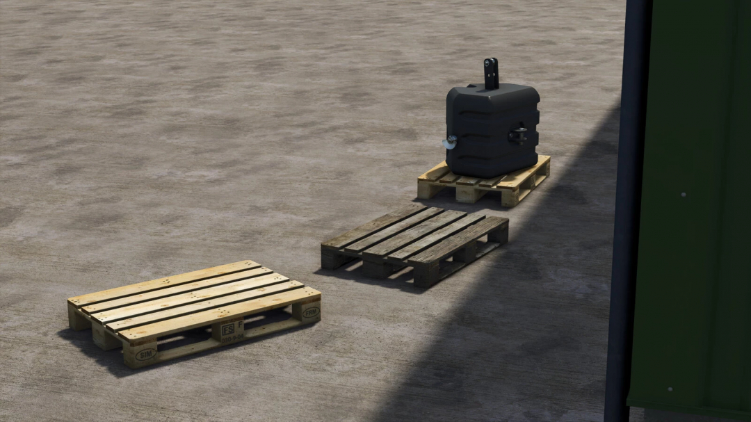 FS25 mods: Farm Decoration Pack v1.0.0.0 image showing three wooden pallets and a weight on a concrete surface.