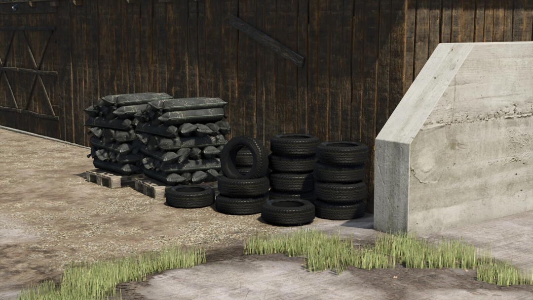 FS25 mods: Farm Decoration Pack v1.0.0.0 shows stacked tires and bags against a wooden wall.