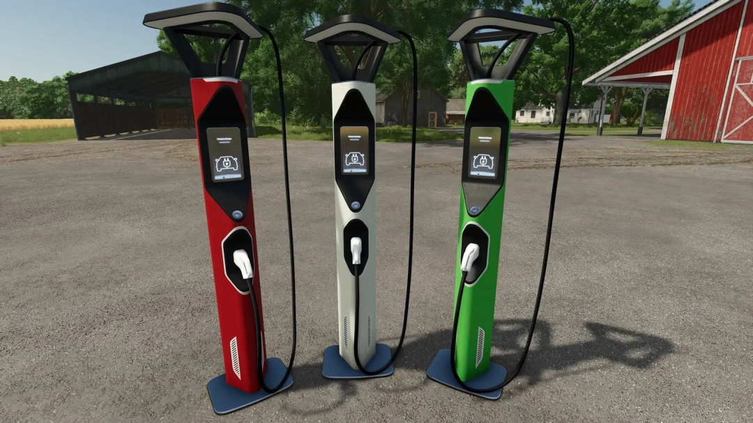 Fast charging station mod v1.0.0.0 in FS25 with three colored units in red, white, and green.