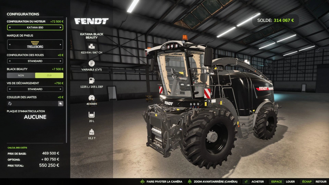 FS25 mod Fendt Katana Black Beauty in a virtual garage showing configurations and specs.