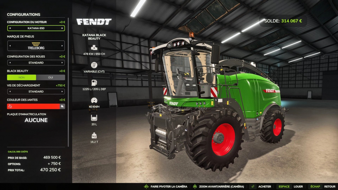 FS25 mod: Fendt Katana Black Beauty v1.0.0.0 configuration screen, showing customization options and vehicle stats in Farming Simulator 25.