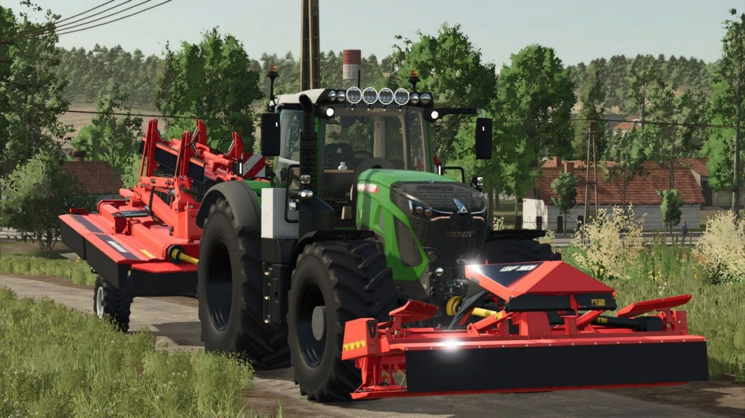 Fendt Vario 900 tractor mod in FS25 with red farming equipment, scenic background