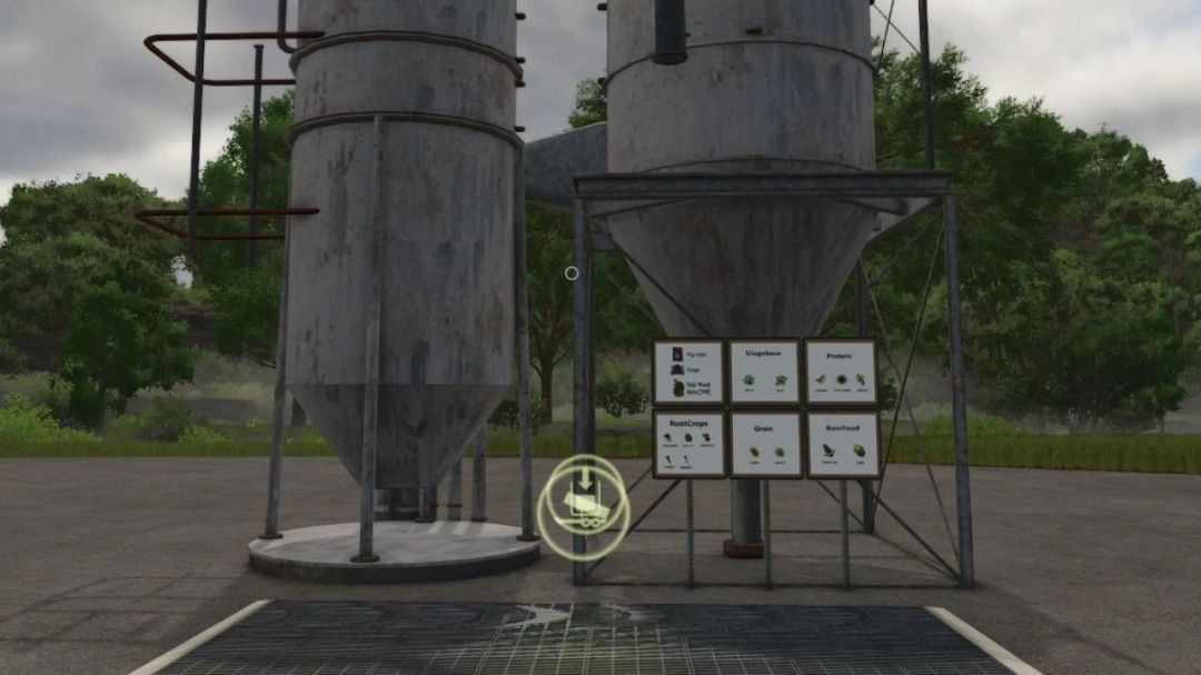 FS25 Fermenter mod v1.6.0.2 showing silos and ingredient board for pig food and TMR production.