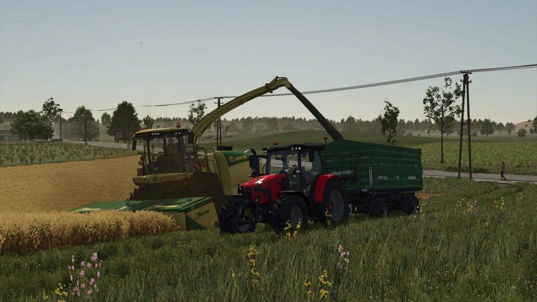 FS25 mod Forage Harvesters with Pipe Control in field demonstrating harvesting process.