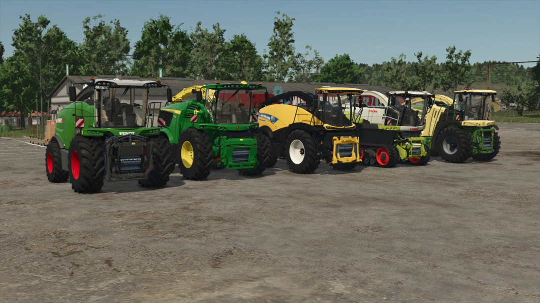 FS25 mods: a line-up of five forage harvesters with pipe control on a farm lot.