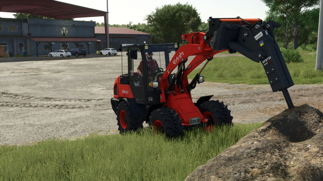 FS25 mod: Front Loader to Skidsteer Adapter in use on red loader near a building.