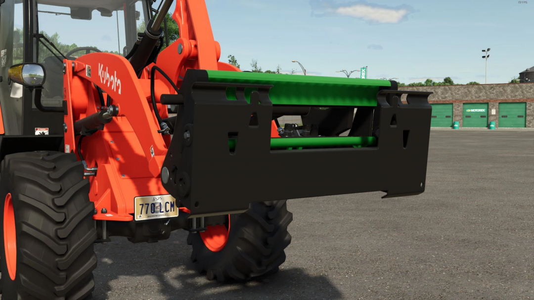 Front Loader to Skidsteer Adapter mod for FS25, featuring a close-up of the adapter attached to a red loader.