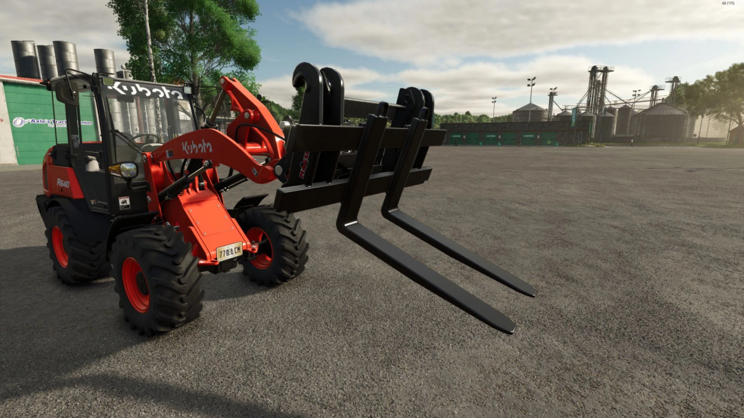 FS25 mod: Front Loader to Wheel Loader Adapter showing a Kubota loader with an attachment in Farming Simulator 25.