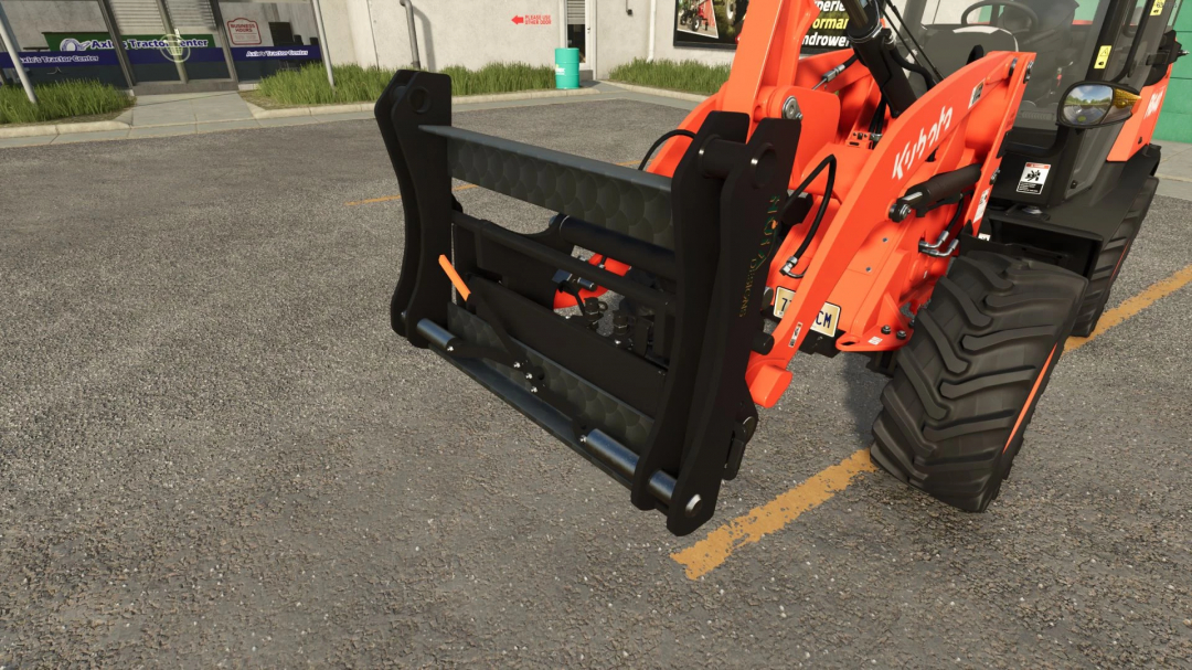 Front Loader to Wheel Loader Adapter in FS25 mod, showcasing black adapter on orange loader.