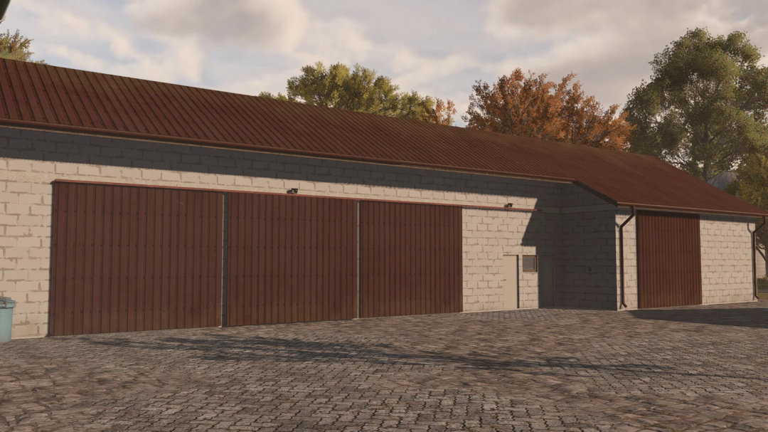 FS25 mod Garage With Sliding Doors showing a brick structure and large wooden doors.