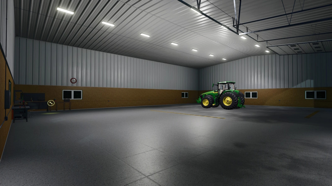 FS25 Garage Workshop v1.0.0.0 mod featuring a large indoor space with a tractor, showcasing Farming Simulator 25 mods.