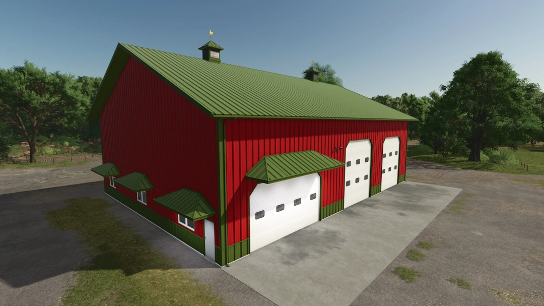 FS25 mod Garage Workshop v1.0.0.0 features a red and green barn with large garage doors, set in a lush rural environment.